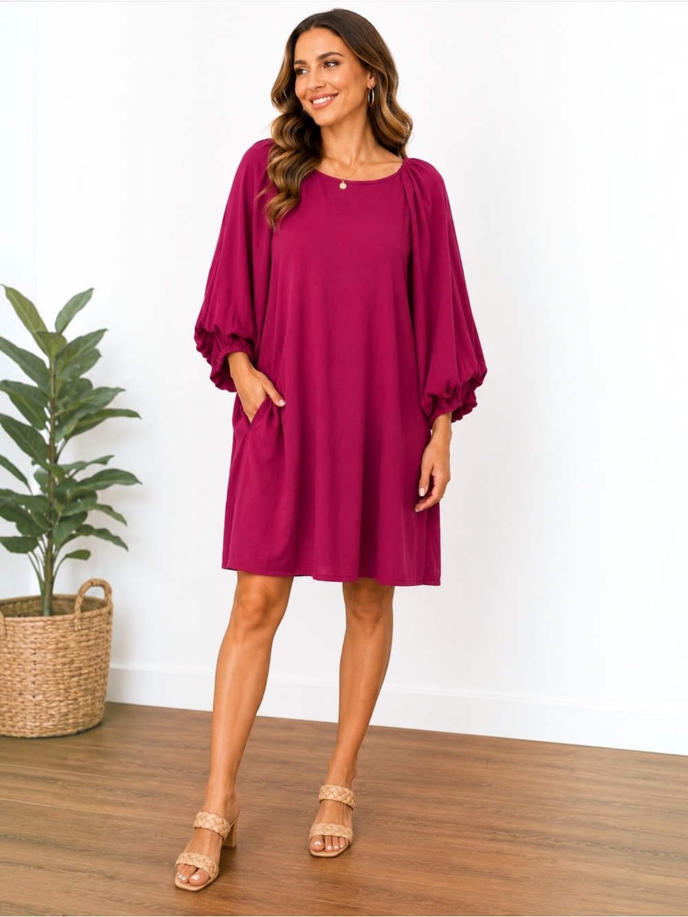 NWT Umgee USA Berry Balloon Sleeve Shift Dress Pockets Size L
